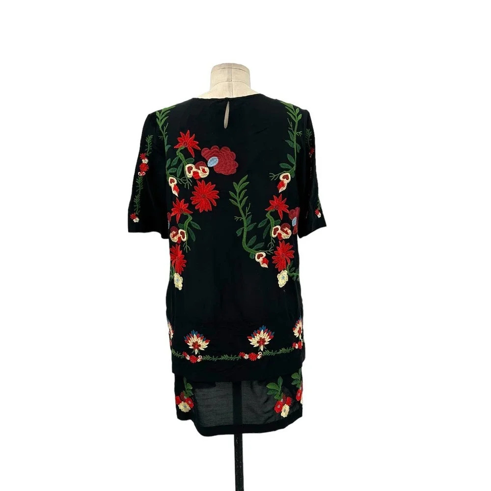 Zara Embroidered Floral Crane Bird Short Black Dress Size XS - Picture 6 of 8